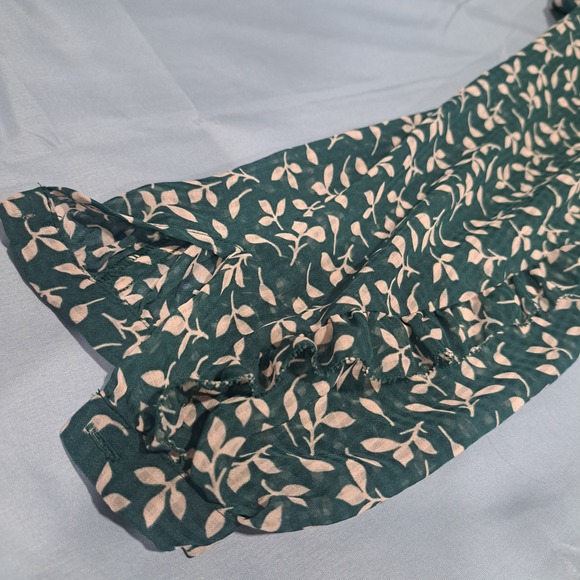 LOFT Small Teal Green Leaf Print Ruffle Chiffon Blouse Long Sleeve Top - Picture 6 of 7